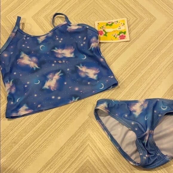Cruz Girls Blue Unicorn, Moon & Star Two Piece Tankini, Size 6
